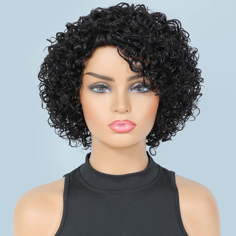UDU Short Curly Human Hair Wigs For Black Women Short Curly Wigs Human Hair Non Lace Glueless Wig with Bangs Side Part Wigs (Nature Black) - Image 2